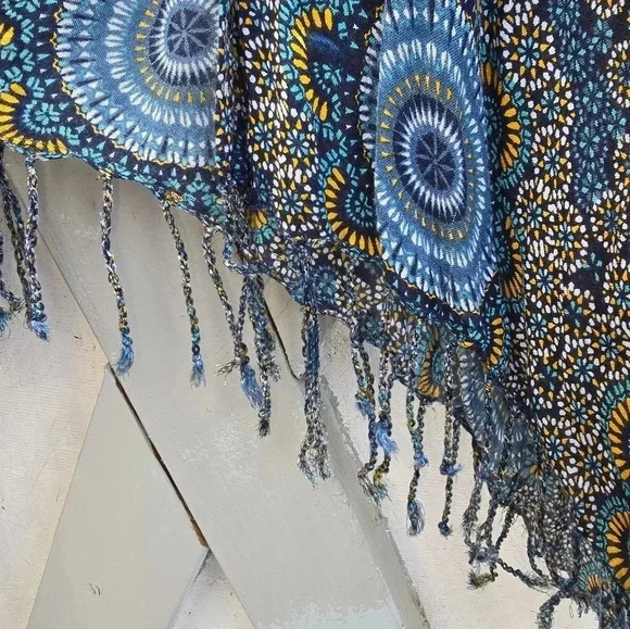 Satva Divine Kimono Blue Turquoise Sahara Print with Tassel Trim OS Free Size - Picture 5 of 9